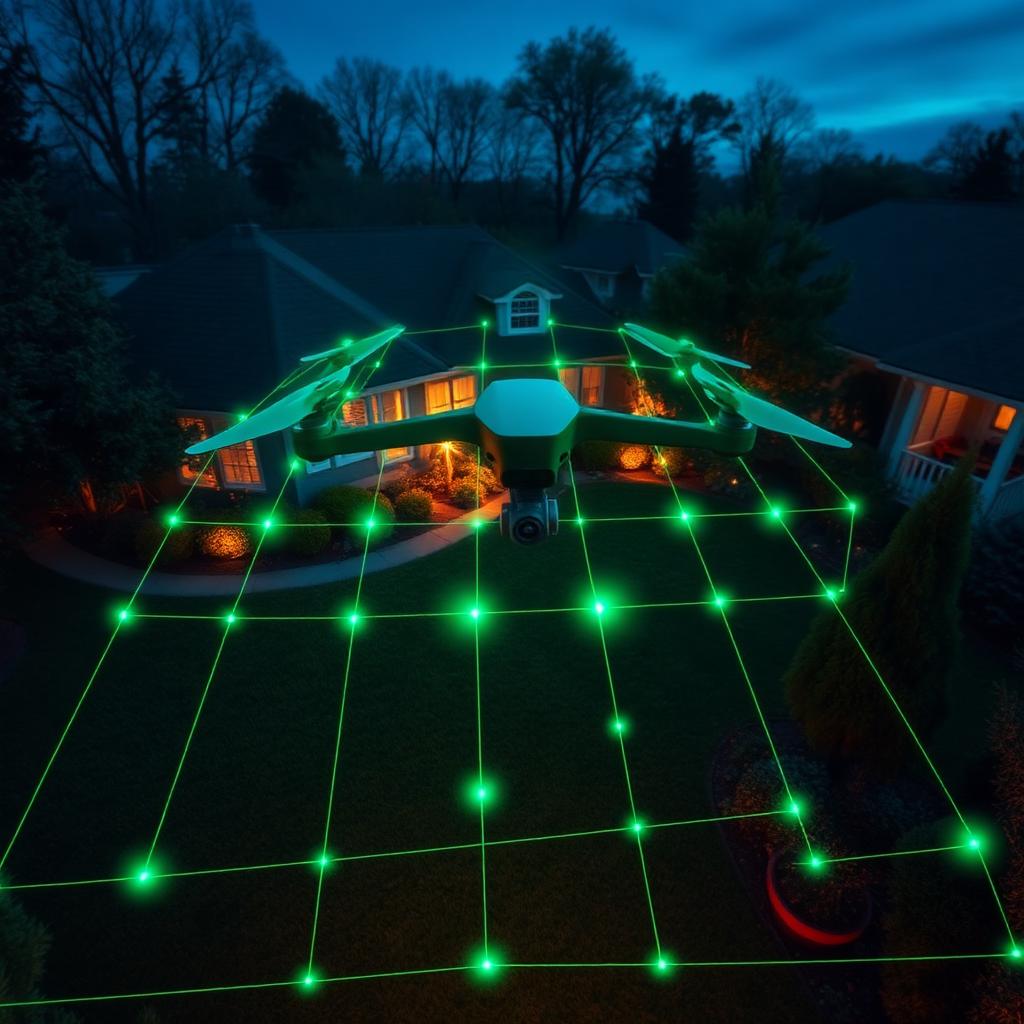 A phone camera scanning a residential yard, with a live scan line reading the property